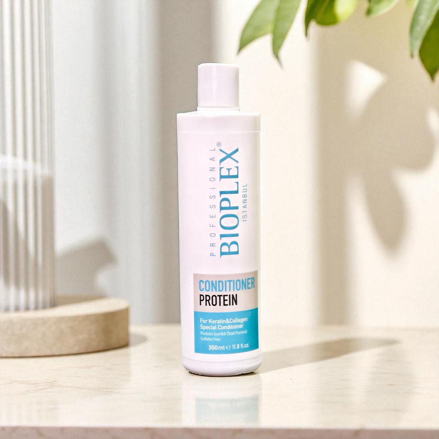 Bioplex Protein Conditioner bottle on a light surface with a blurred background
