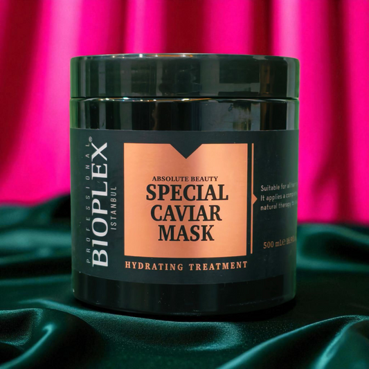 Black jar of Bioplex Istanbul Special Caviar Mask on a green fabric background with pink curtain.