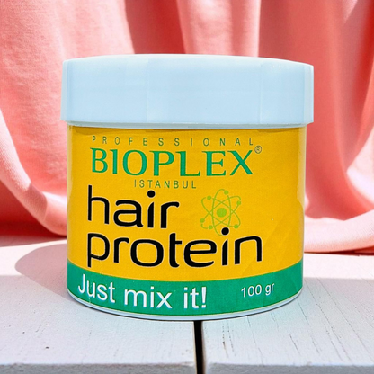 Golden Bioplex Hair Protein treatment jar for damage repair and smooth hair