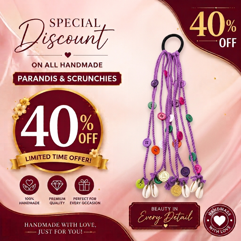 A promotional graphic for a handmade purple beaded hair hanging ornament with multiple strands of purple cords and colorful decorative beads and white shell charms, set against a pink and burgundy background with large '40% OFF' sale text and 'Paradis & Scrunchies' branding.