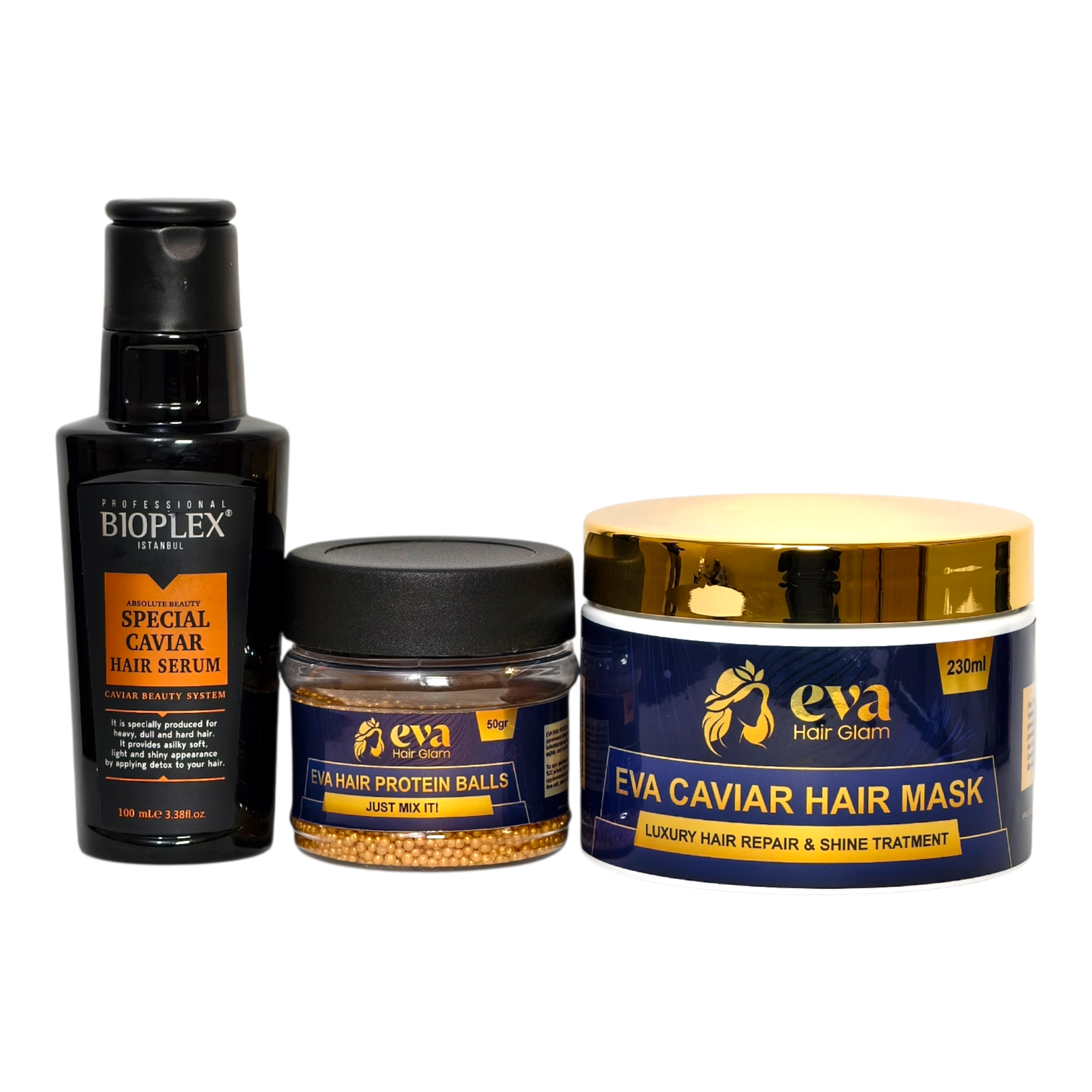 Eva Hair Glam Combo – Caviar Mask + Protein Balls + Bioplex Serum