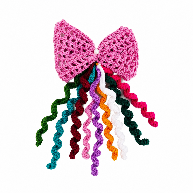 Handmade Pink Crochet Hair Bow – Colorful Spiral Hair Accessory