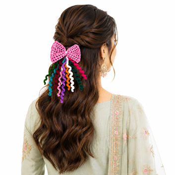 Handmade Pink Crochet Hair Bow – Colorful Spiral Hair Accessory