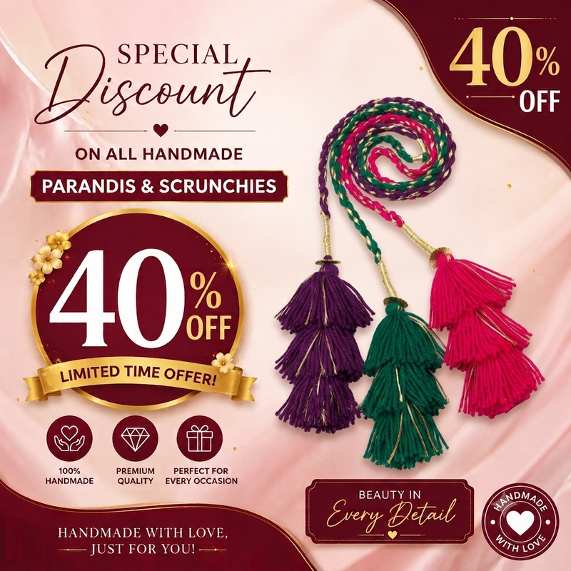 Rang-e-Noor Triple Tassel Punjabi Paranda – Emerald, Plum & Magenta Hair Accessory