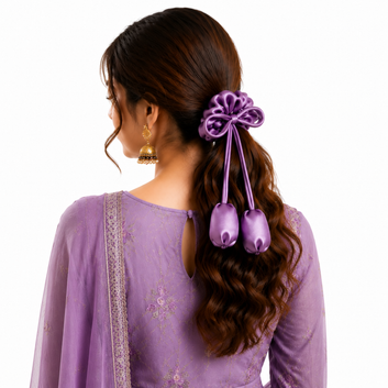 Luxury Silk Tulip Tassel Scrunchie – Premium Satin Hair Accessory for Weddings & Formal Wear