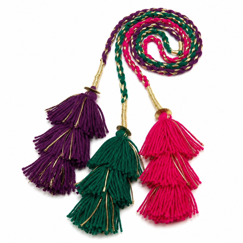Rang-e-Noor Triple Tassel Punjabi Paranda – Emerald, Plum & Magenta Hair Accessory