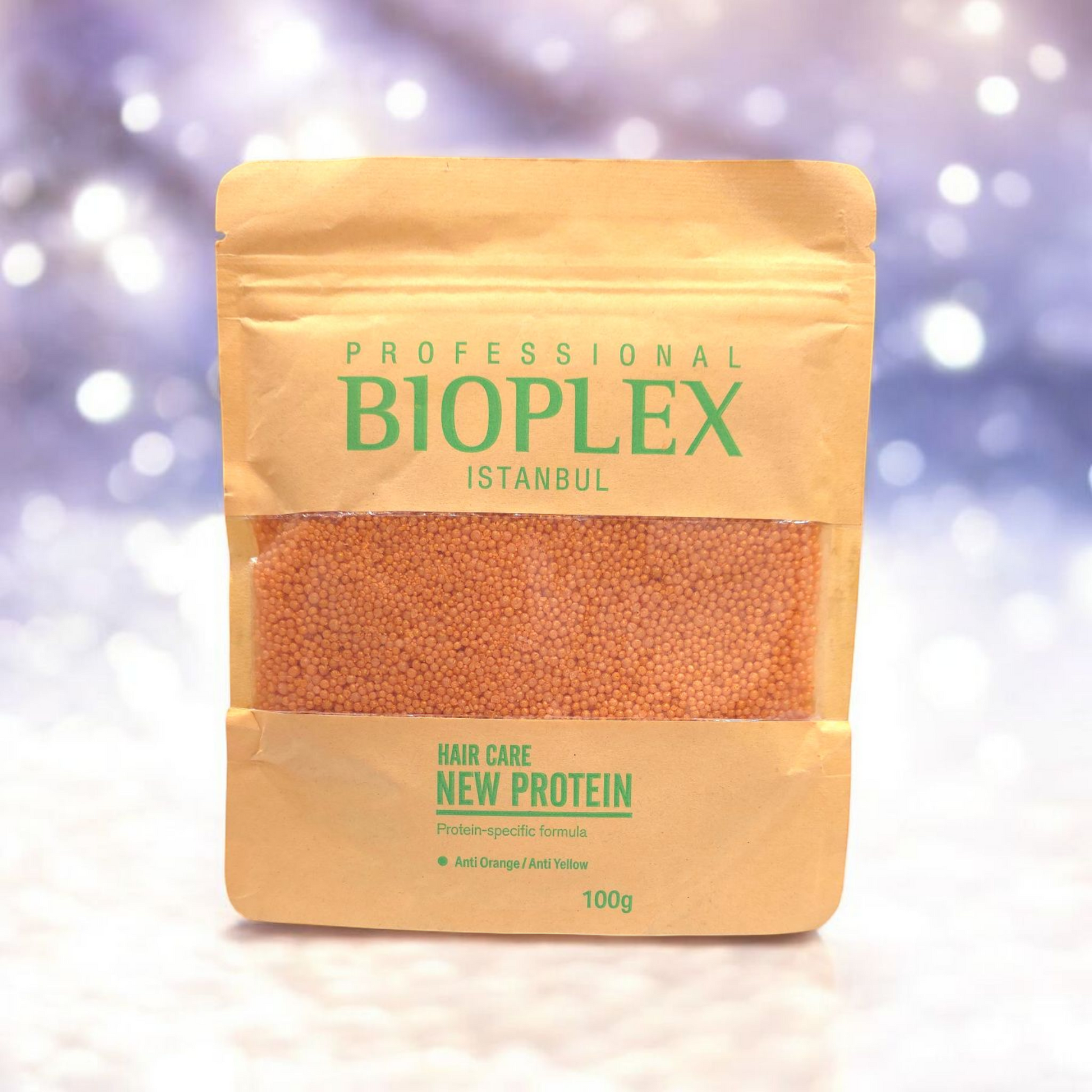 Close-up of Bioplex golden protein balls for hair repair and anti-breakage