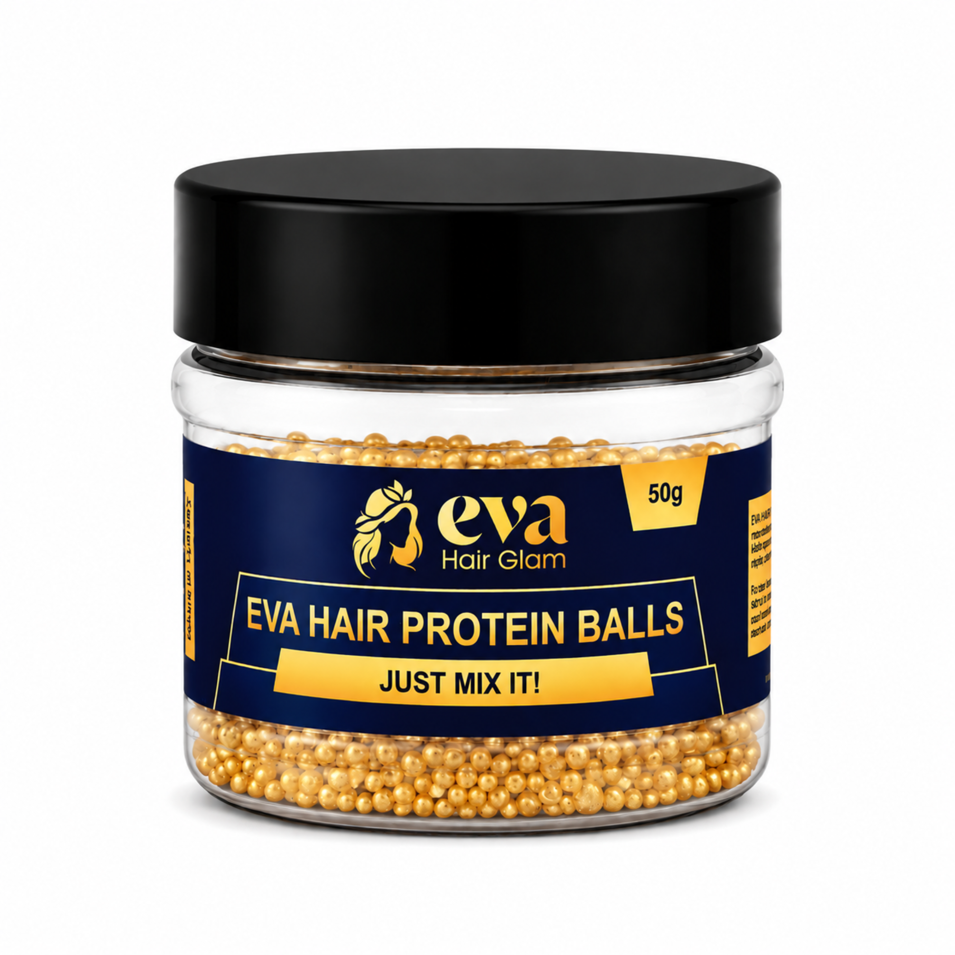EVA Golden Hair Protein Balls 50g Jar front view - Collagen and Keratin hair repair for damaged hair