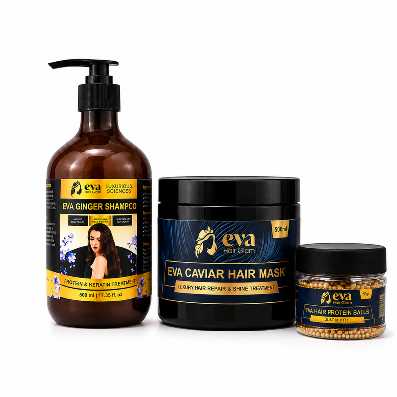 Eva Hair Repair Combo: Sulfate-Free Ginger Shampoo + Caviar Hair Mask + Protein Balls