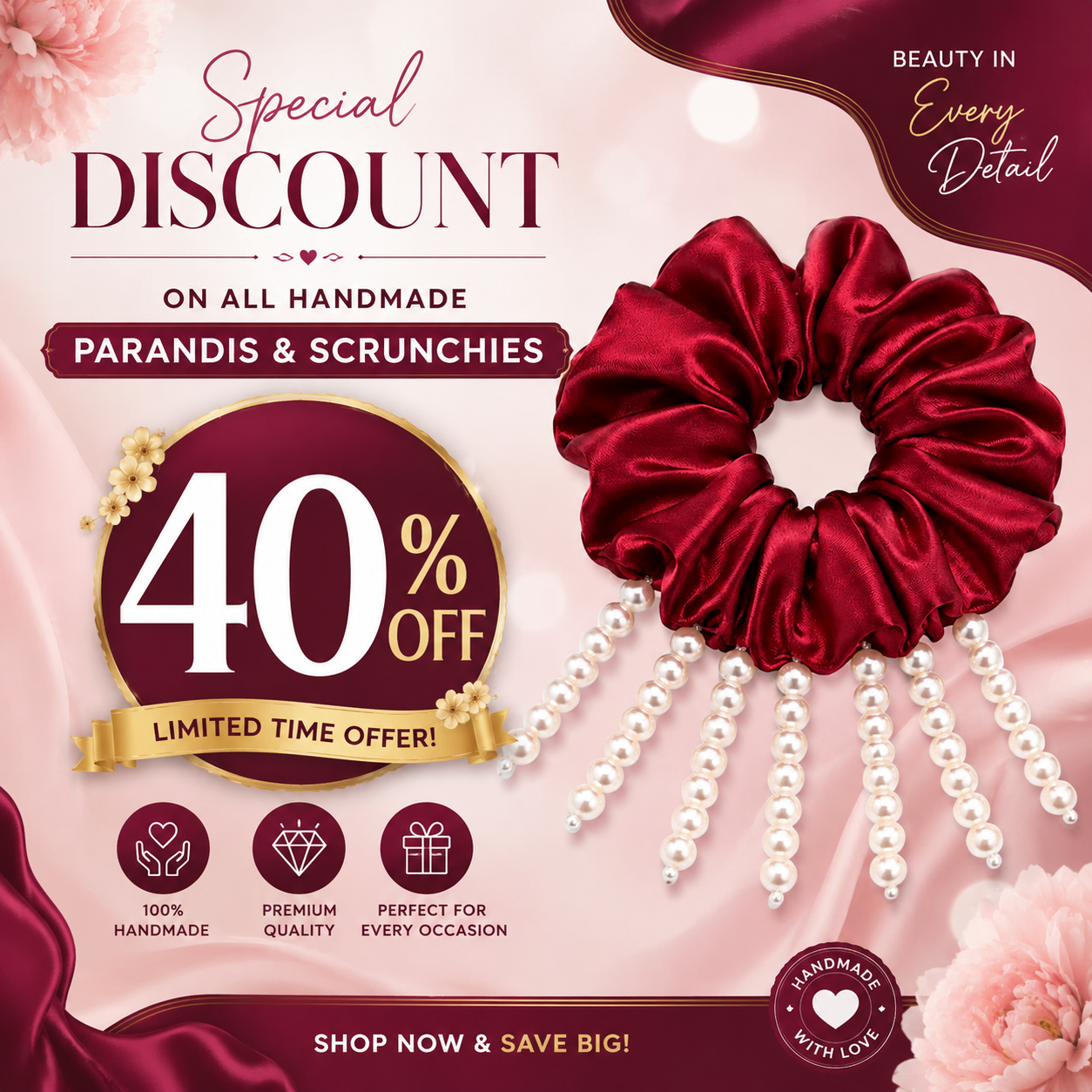 A promotional graphic for a deep red satin scrunchie adorned with dangling white faux pearls, set against a soft pink floral background with sale text and decorative banners.