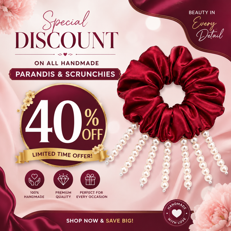 A promotional graphic for a deep red satin scrunchie adorned with dangling white faux pearls, set against a soft pink floral background with sale text and decorative banners.